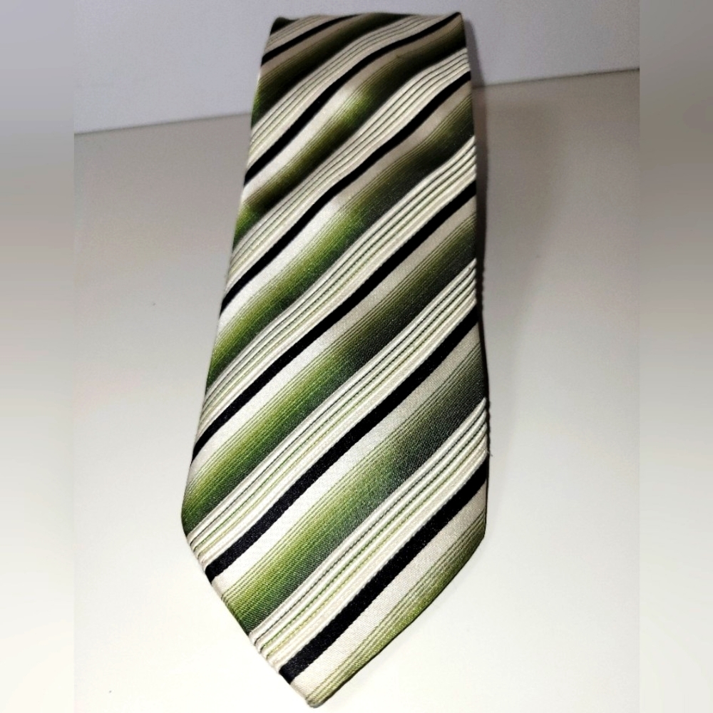 Alfani Men's Neck Tie Green, Black and White Stripe 100% Silk